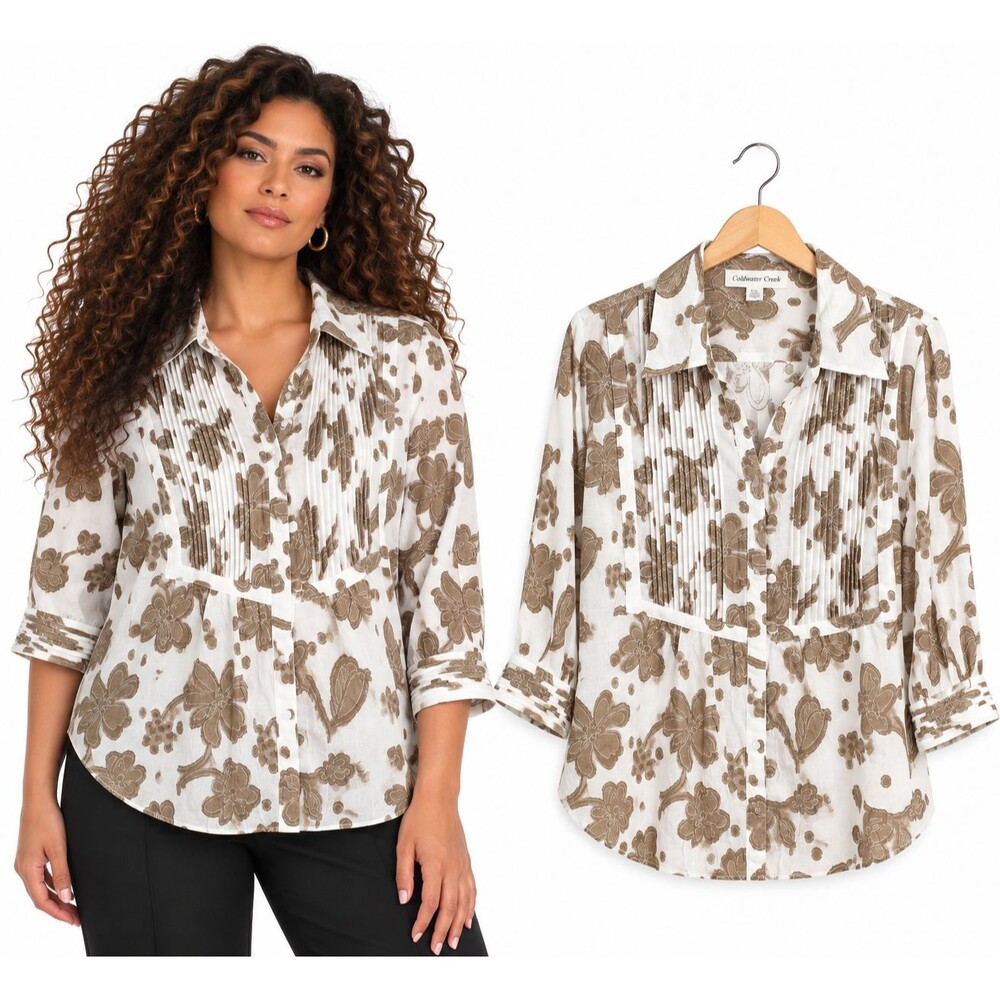 Coldwater Creek Bib Tunic Shirt Large Boho Earthy Floral Pleated Gauze Top